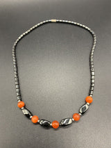 Black Steel Hematite Carnelian Bead Necklace 18”