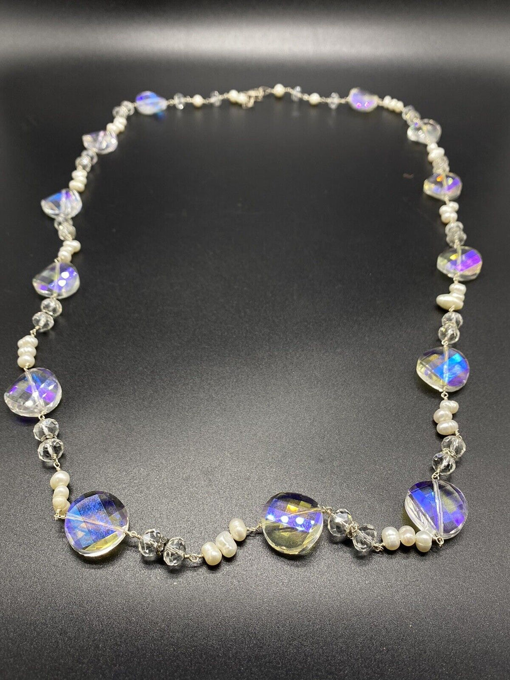 Vintage Silver Aurora Borealis 925 Sterling Silver Bead Pearl Necklace 17-18"