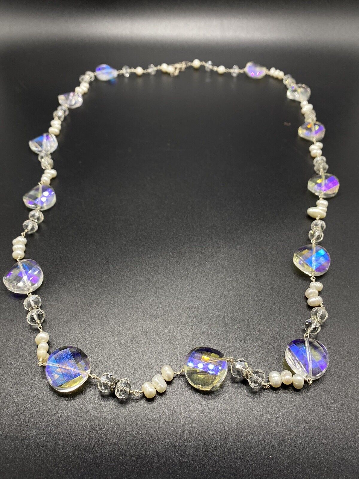 Vintage Silver Aurora Borealis 925 Sterling Silver Bead Pearl Necklace 17-18"