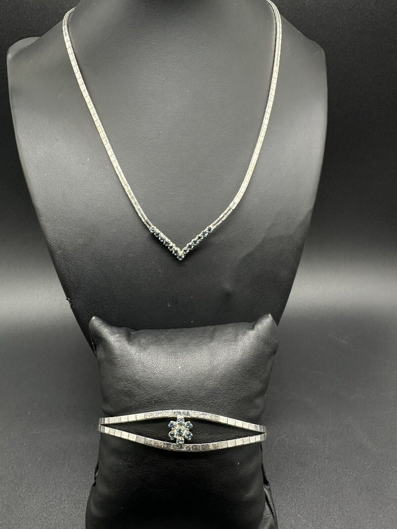 Vintage 835 Silver Tone Sapphire Necklace 16” And Bracelet 7.5” Set