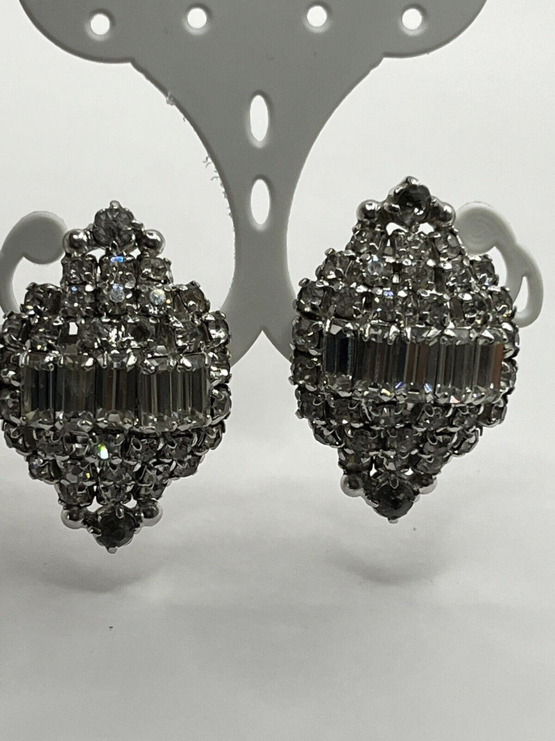 Vintage High-End Domed Baguette Elegant Rhinestone Clip On Earrings 1.5"