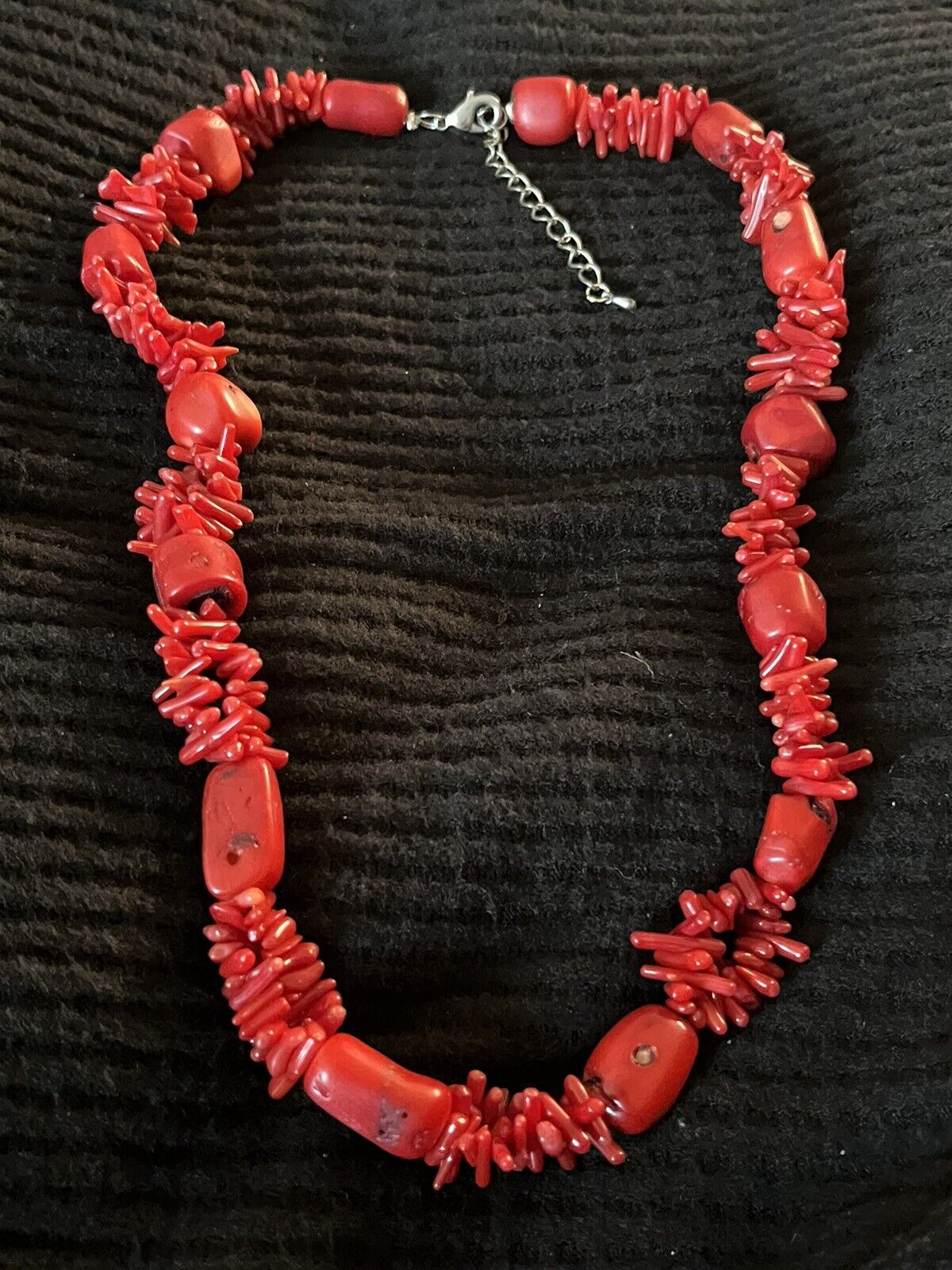 Red Coral Nugget Branch Silver Tone 18"  Necklace