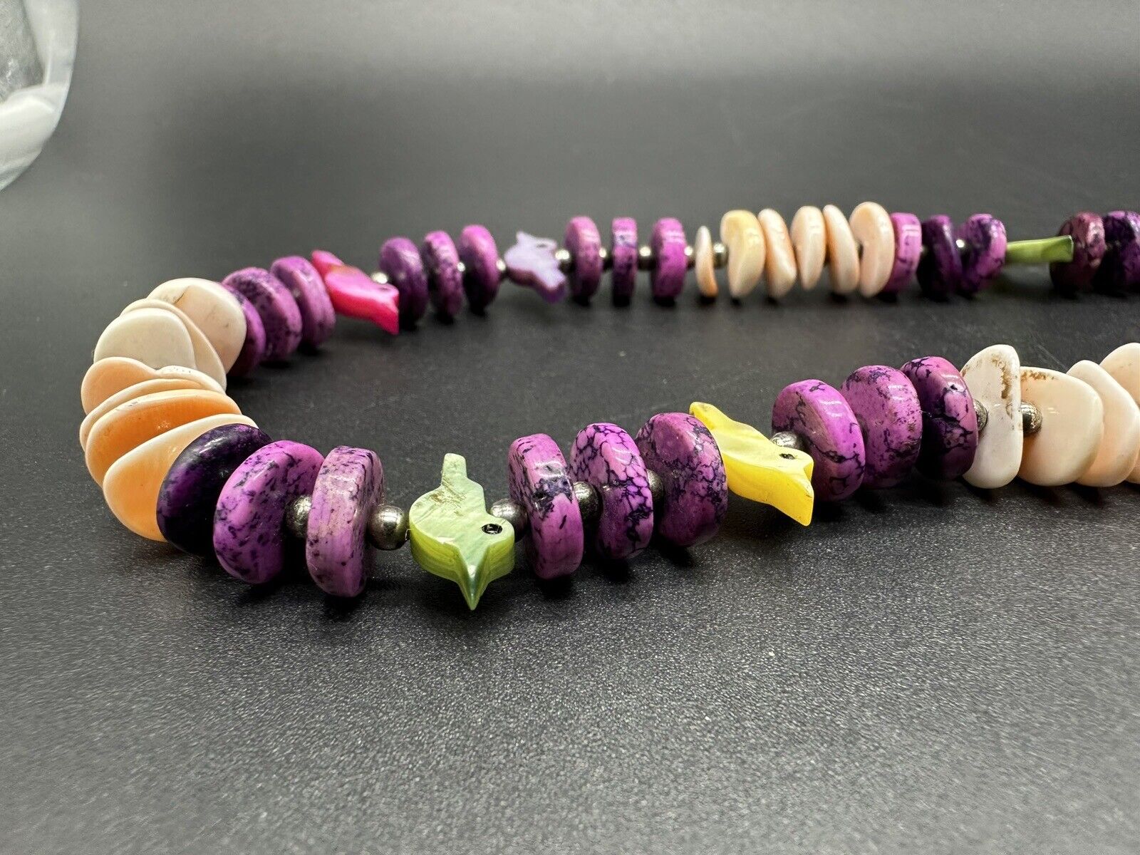 Fetish Birds  Shell Purple Bead Necklace 24” STUNNING!
