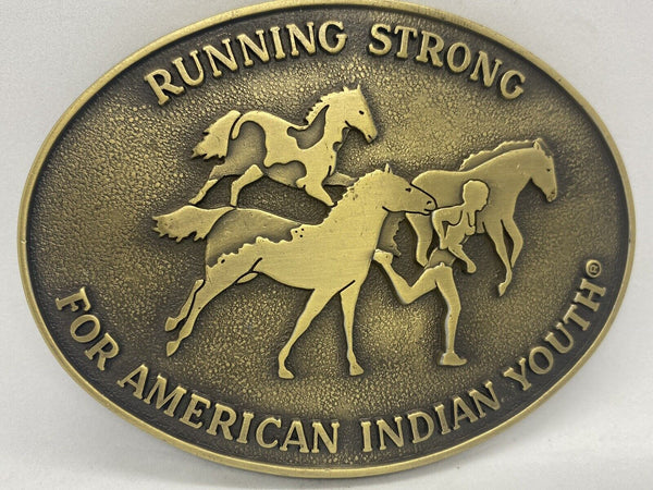 Vintage Original "Running Strong For American Indian Youth" Brass Belt Buckle