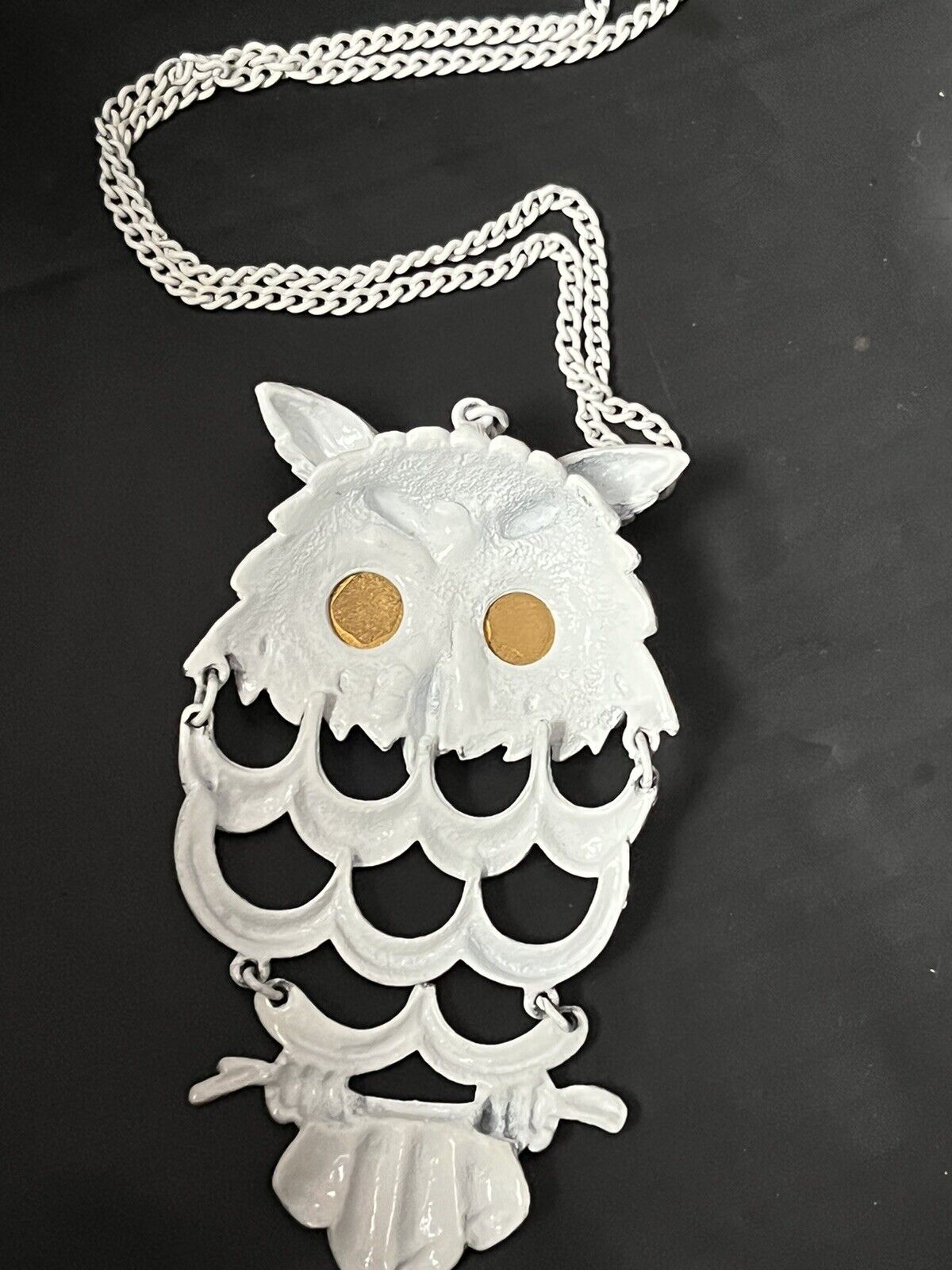 White Chain Large Pendant OWL  Statement Necklace 26” Long