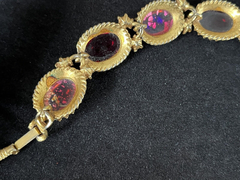 Vintage Gold Tone Ruby Red Foil Elegant Link Bracelet ~High-end~6.5”