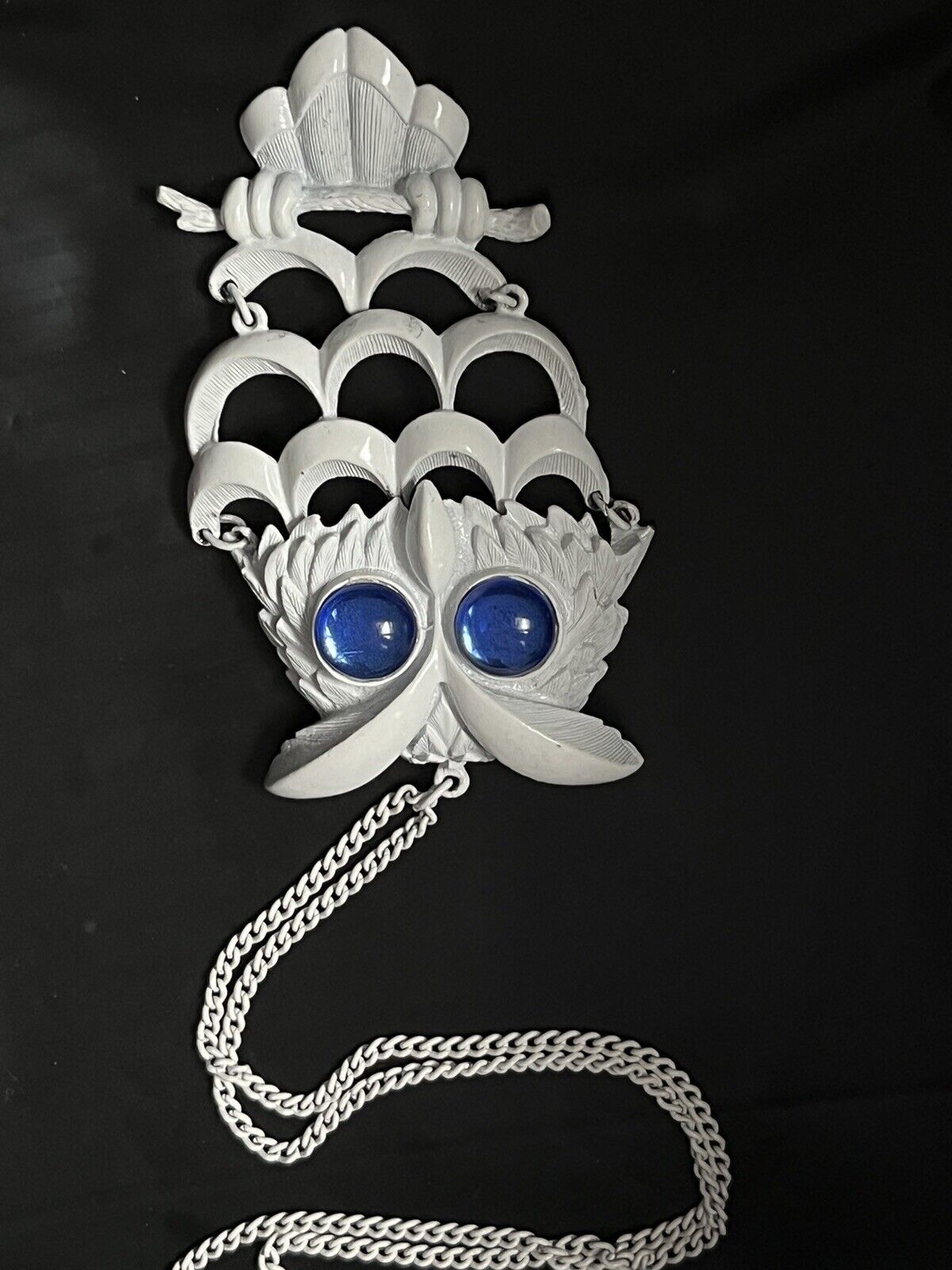 White Chain Large Pendant OWL  Statement Necklace 26” Long