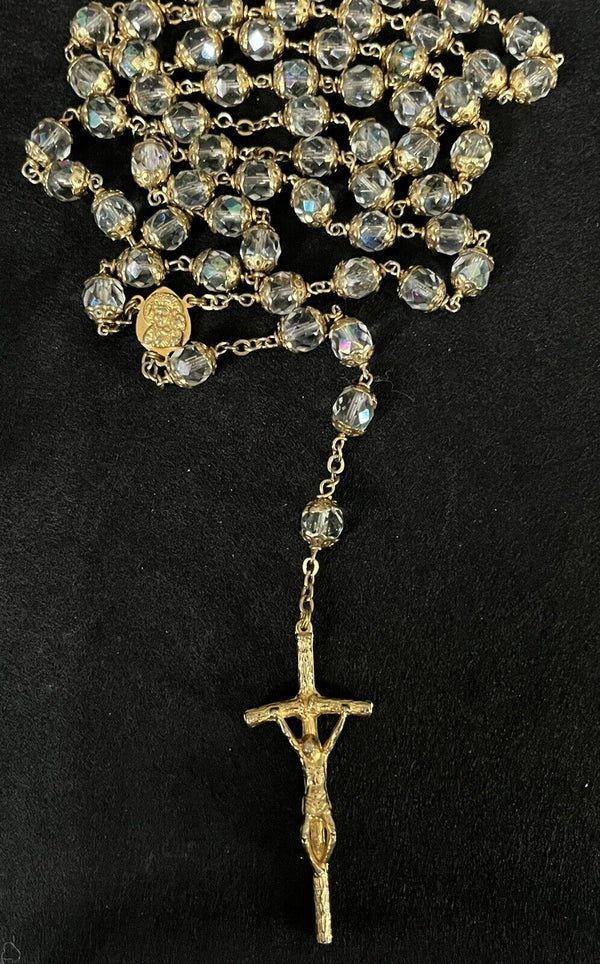 Rosary Capped Crystal Beads Crucifix Religious Vintage~ High-end~