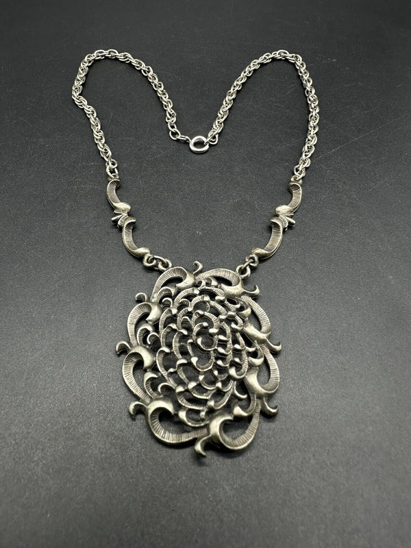 Elaborate pewter pendant necklace on chain 17”