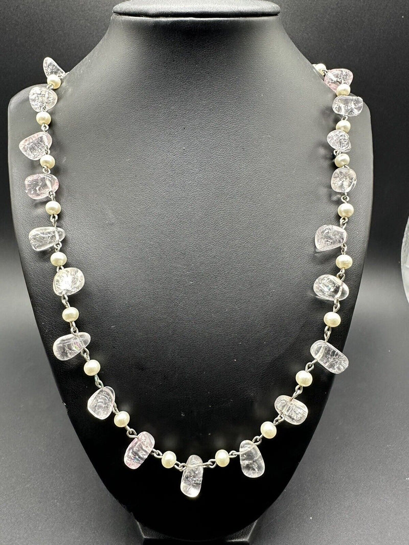 Freshwater Pearl, Crystal Quartz & Sterling Silver Bead Necklace 30”