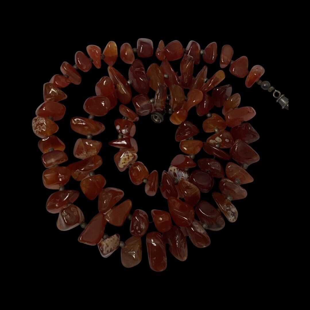 Polished Carnelian Chalcedony Sterling Silver Beaded Barrel Clasp Necklace  21"