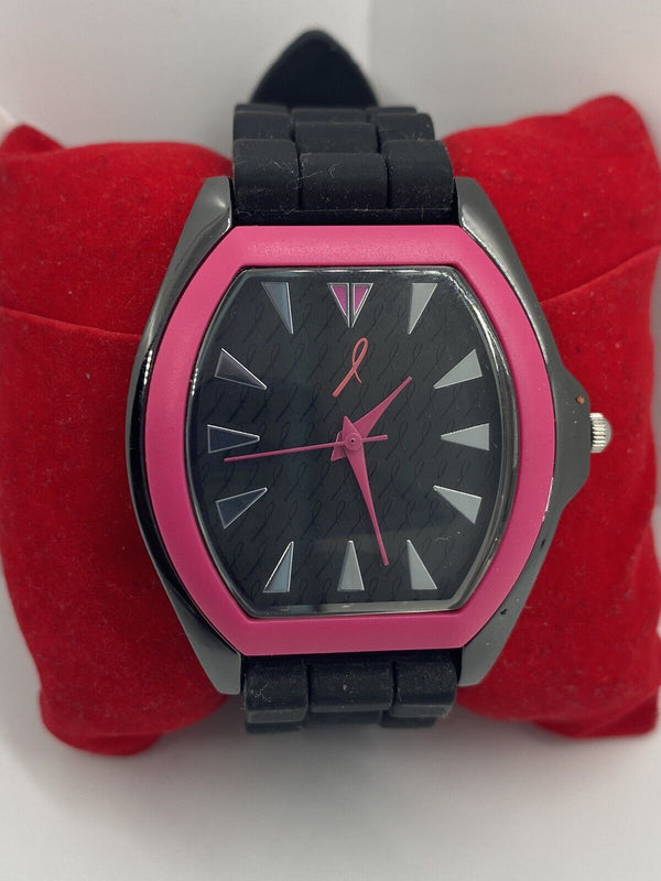 Avon Breast Cancer Crusade Wristwatch Black Band Black Rectangle Face~Works!~