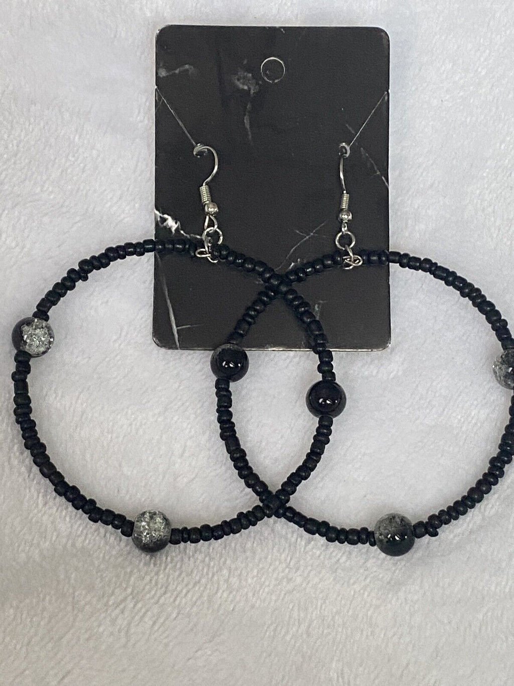 Hoop Black Seed Bead Hoop Earrings 2.5"