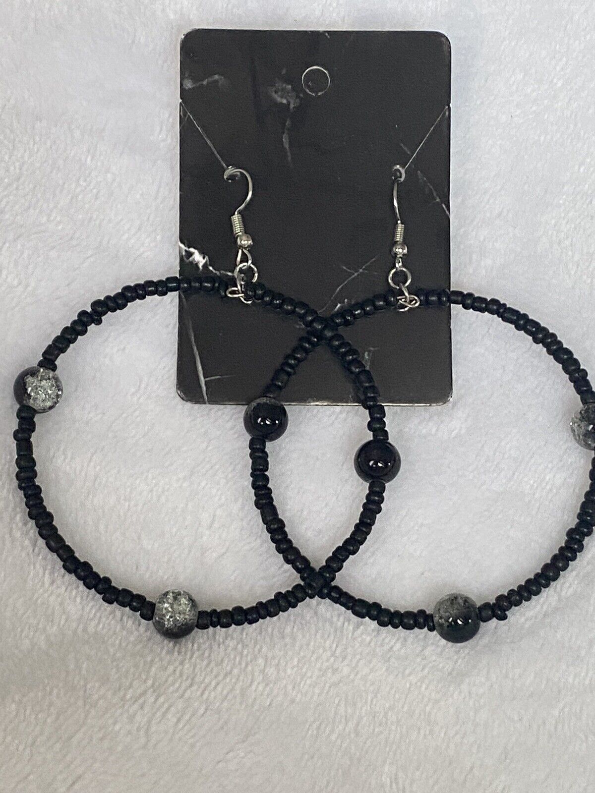 Hoop Black Seed Bead Hoop Earrings 2.5"