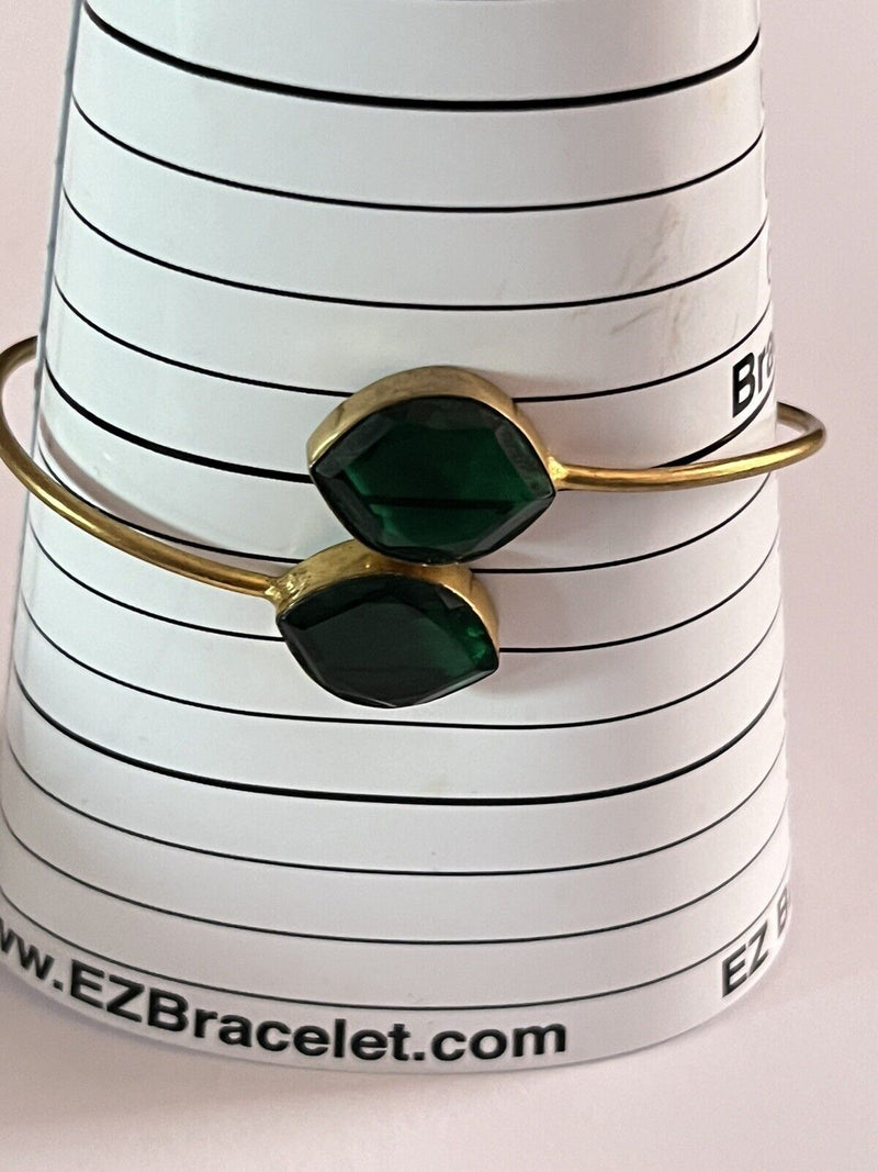 Vintage Emerald Glass Stone Double Stone Gold Plated Adjustable Bangle 7.5”