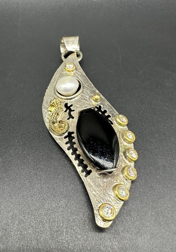 Vintage Signed Sterling Silver Onyx Pearl Large Stone Tribal Pendant 4”