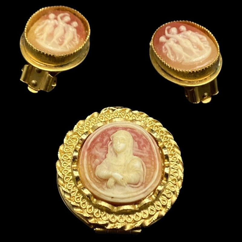 Vintage Cameo Locket and Earrings Three Women Graces Gold Tone