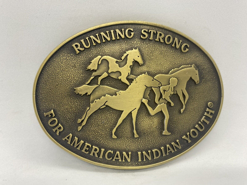 Vintage Original "Running Strong For American Indian Youth" Brass Belt Buckle