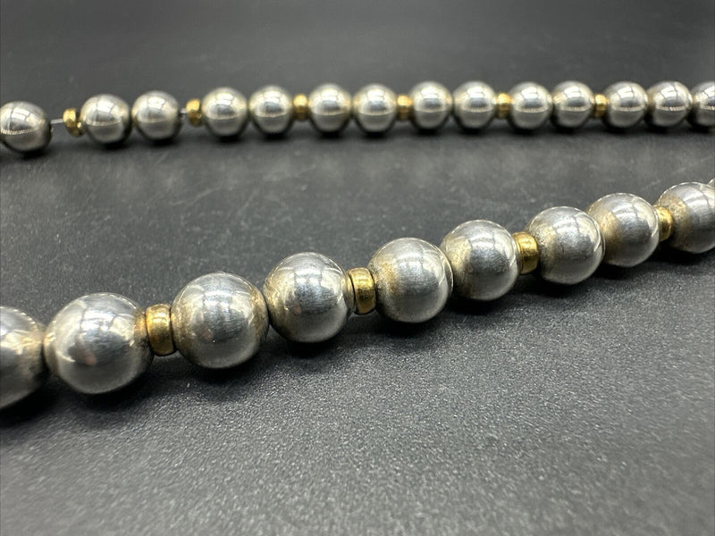 Vintage Sterling Silver W/Gold Filled Bead Necklace - 20" Long 29 Grams