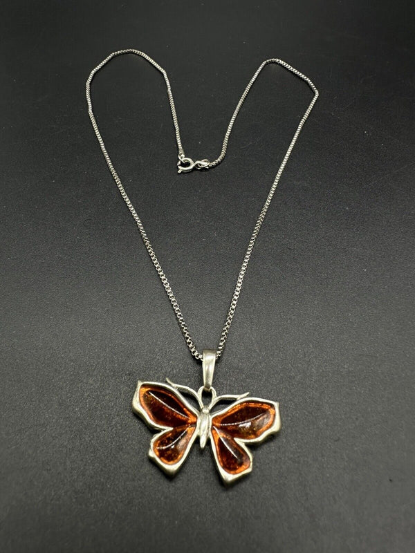 Butterfly Necklace Sterling Silver 925 Pendant with Natural Baltic Amber 20” 9Gs