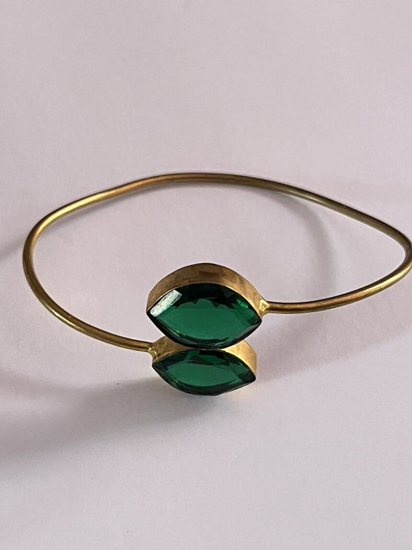 Vintage Emerald Glass Stone Double Stone Gold Plated Adjustable Bangle 7.5”