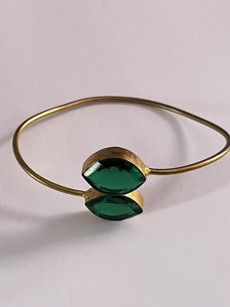 Vintage Emerald Glass Stone Double Stone Gold Plated Adjustable Bangle 7.5”