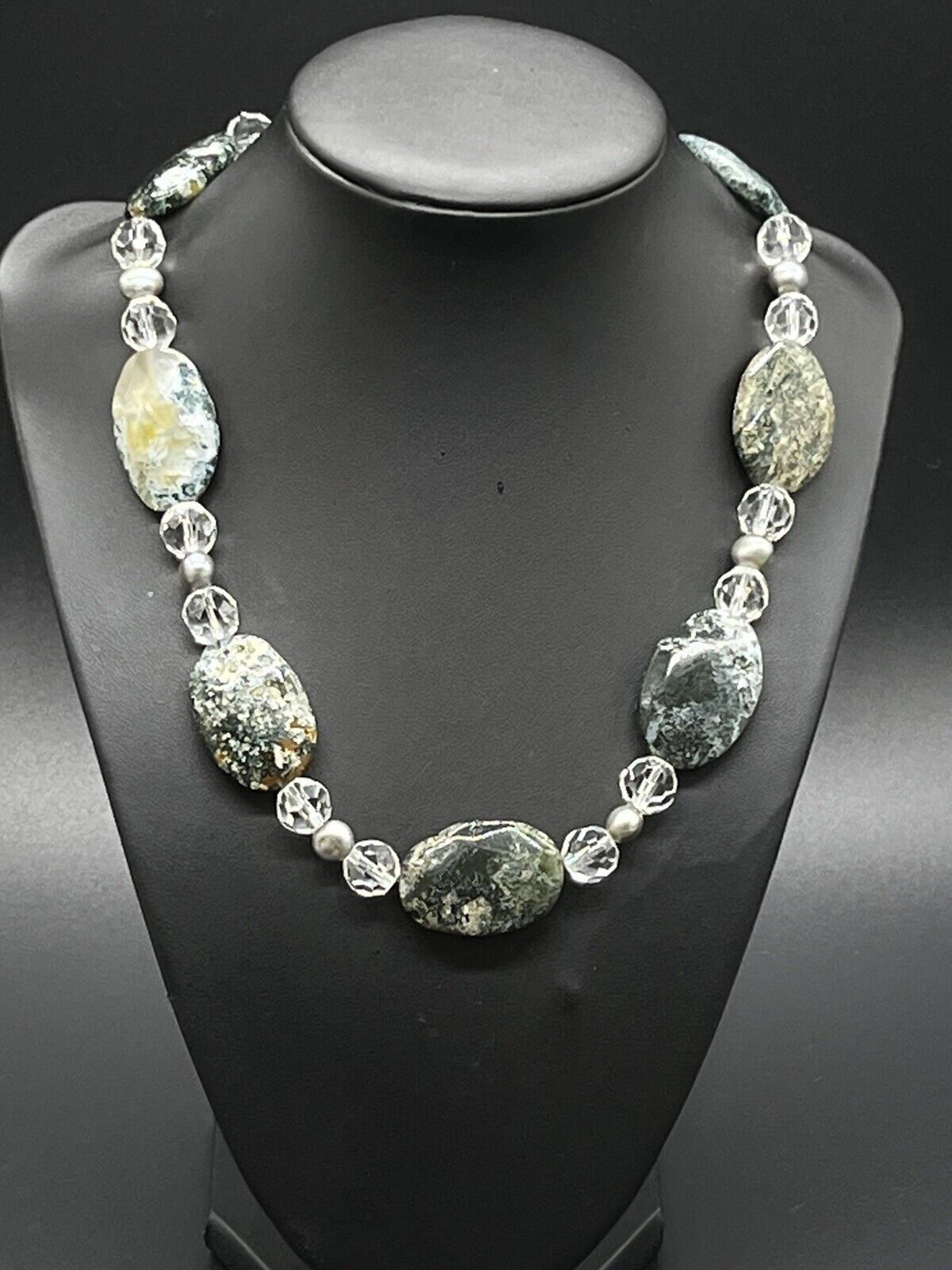 Chrysocolla Crystal Pearl Bead Sterling Silver Clasp Gemstone Necklace 16” long