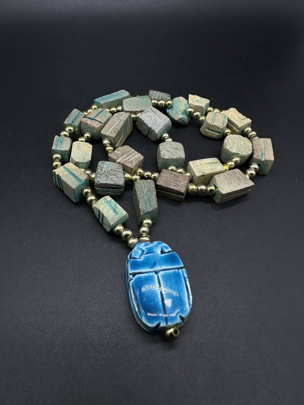 Turquoise Carved Soap Stone Scarab Egyptian Necklace 26” Vintage Signed