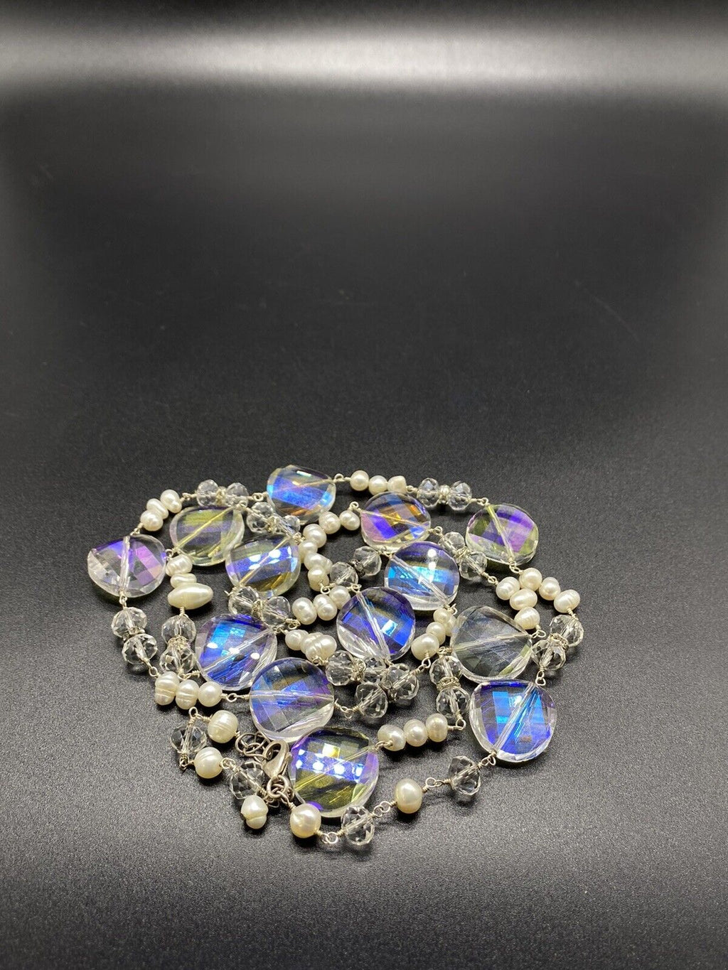 Vintage Silver Aurora Borealis 925 Sterling Silver Bead Pearl Necklace 17-18"
