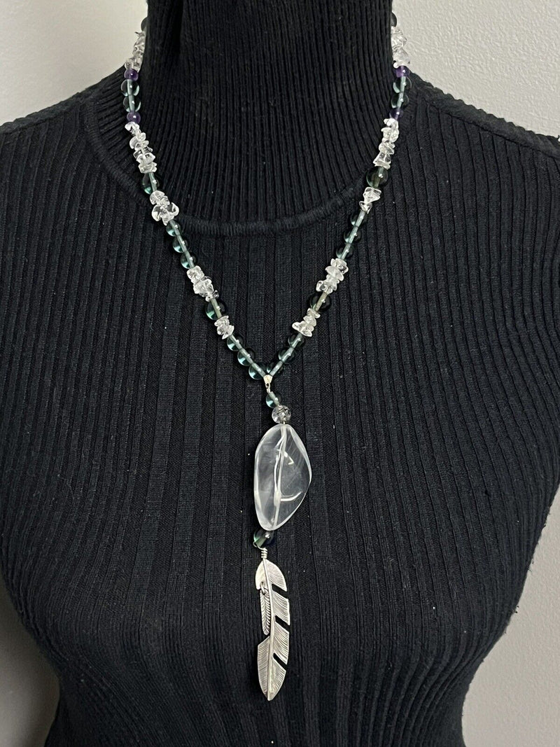 Ben S. Native American Sterling Silver Crystal Feather Pendant 20” necklace 66Gs