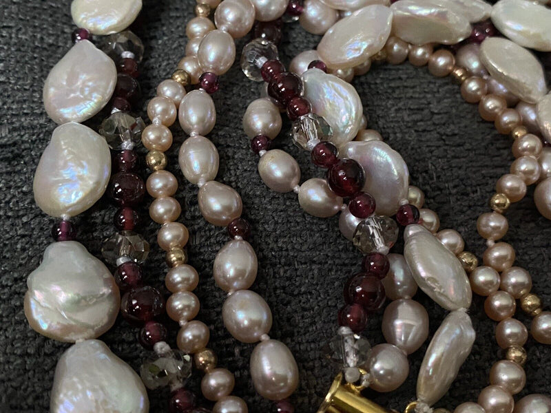 Vintage Freshwater Cultured Pearl Garnet Multi Strand Gold Tone Necklace 18"