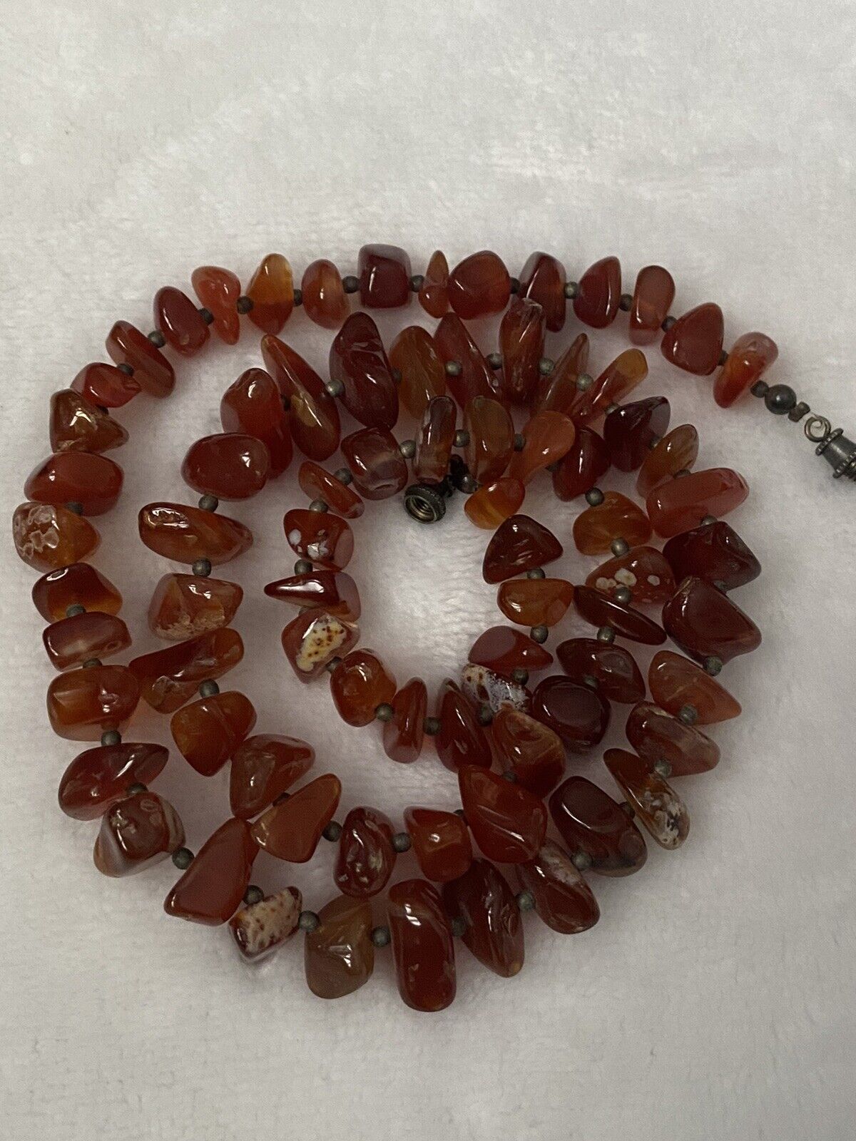 Polished Carnelian Chalcedony Sterling Silver Beaded Barrel Clasp Necklace  21"