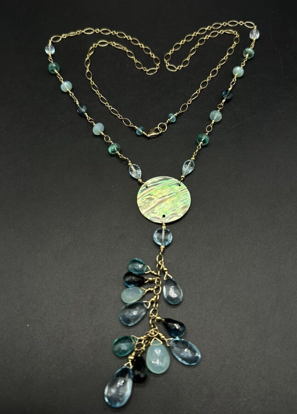Vintage 925 Vermeil Statement Abalone Y-Drop Chandelier Elegant Necklace 32"