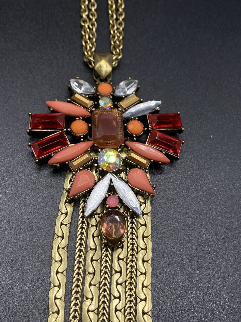 Rhinestone Tassel Pendant Long Necklace Beautiful Gold tone 32" NWOT