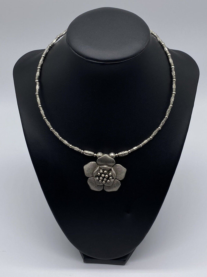 Vintage Inspired  Flower Pendant Silver Tone Choker Necklace