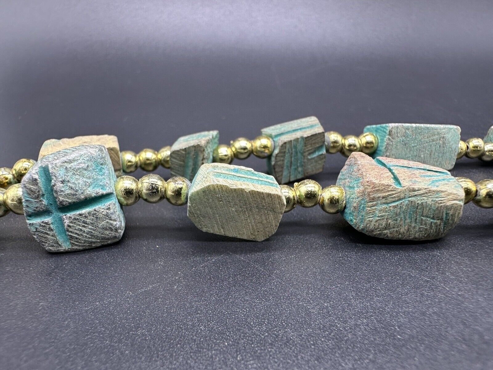 Turquoise Carved Soap Stone Scarab Egyptian Necklace 26” Vintage Signed