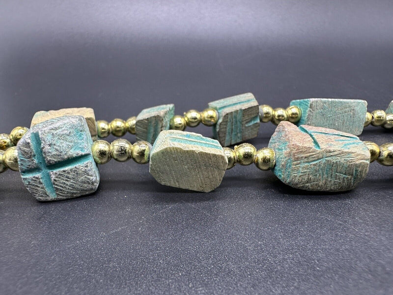 Vintage Turquoise Carved Soap Stone Scarab Beetle Egyptian Signed Necklace 26”