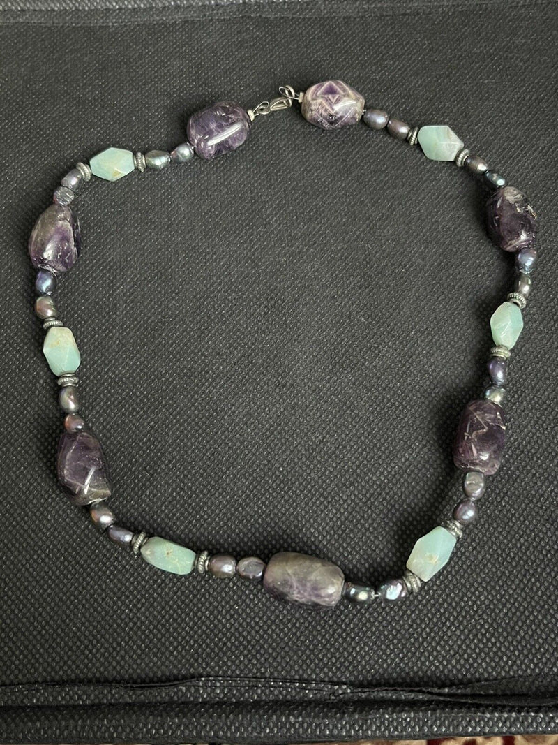Vintage Peacock Pearl Amethyst Gemstone Stone Bead Beaded Necklace  14” Long
