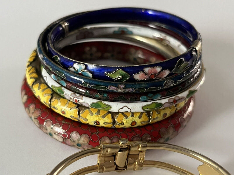 Vintage Cloisonne Enamel Floral Bangle Hinged Bracelet Lot Of 7