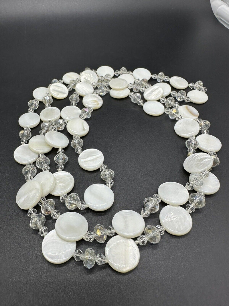 Mother of Pearl White Bead Crystal Necklace 44”