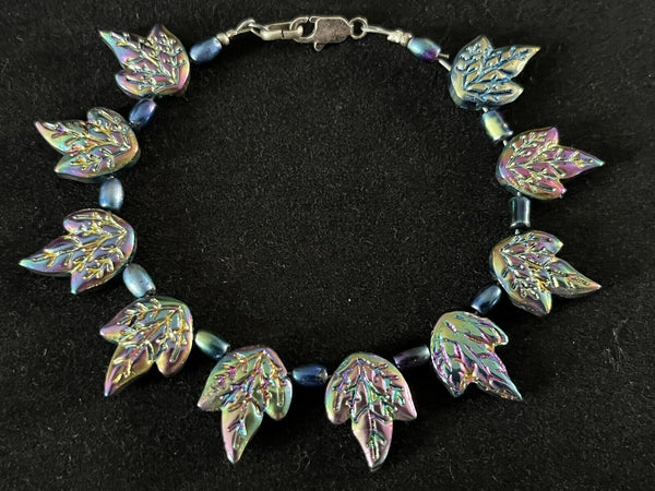 Metallic Carved Leaf Rainbow Hematite Sterling Silver Bead Bracelet 7.5”