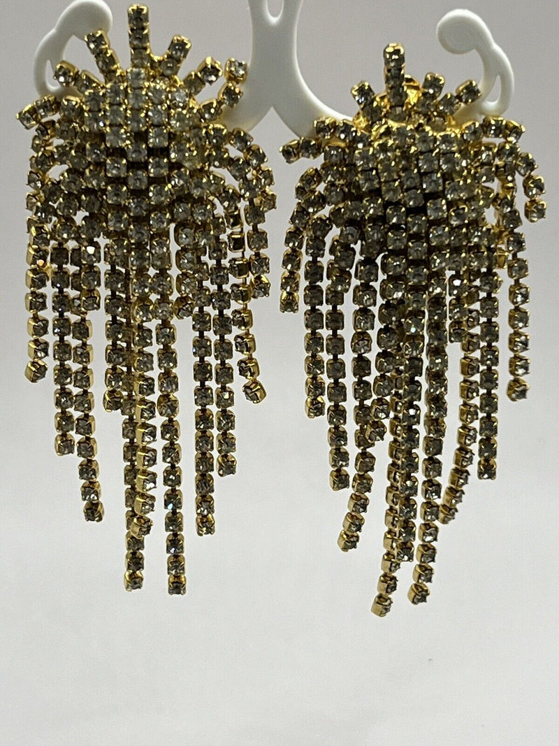 Vintage Chandelier Fountain Rhinestone Gold Tone Clip On Earrings~High End