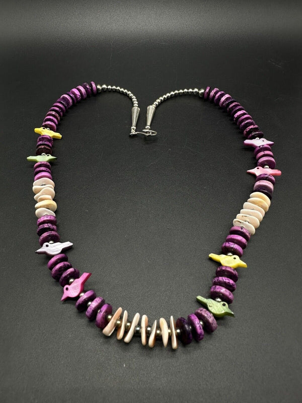 Fetish Birds  Shell Purple Bead Necklace 24” STUNNING!