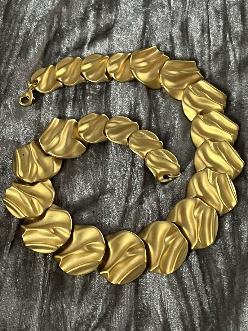 Vintage Brush Gold Tone Statement Metal Link Necklace 15" long