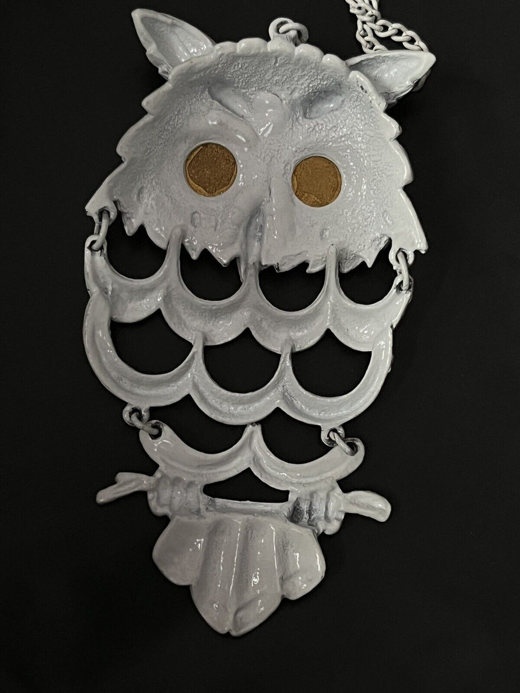 White Chain Large Pendant OWL  Statement Necklace 26” Long