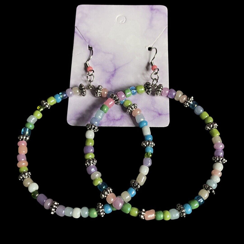 Handmade Crazy Mix Hoop Bead Earrings Pastel Multicolor 2.5"~Cute~