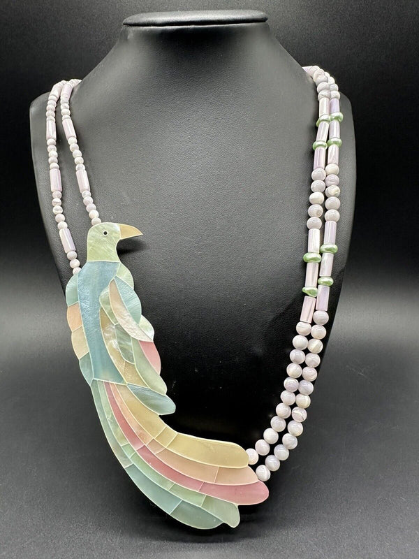 Vintage Signed Karla Jordan Large MOP Bird Glass Bead & Pearl Necklace 29”