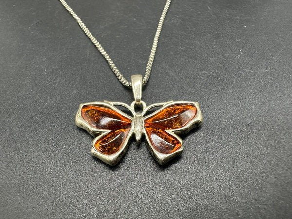 Butterfly Necklace Sterling Silver 925 Pendant with Natural Baltic Amber 20” 9Gs