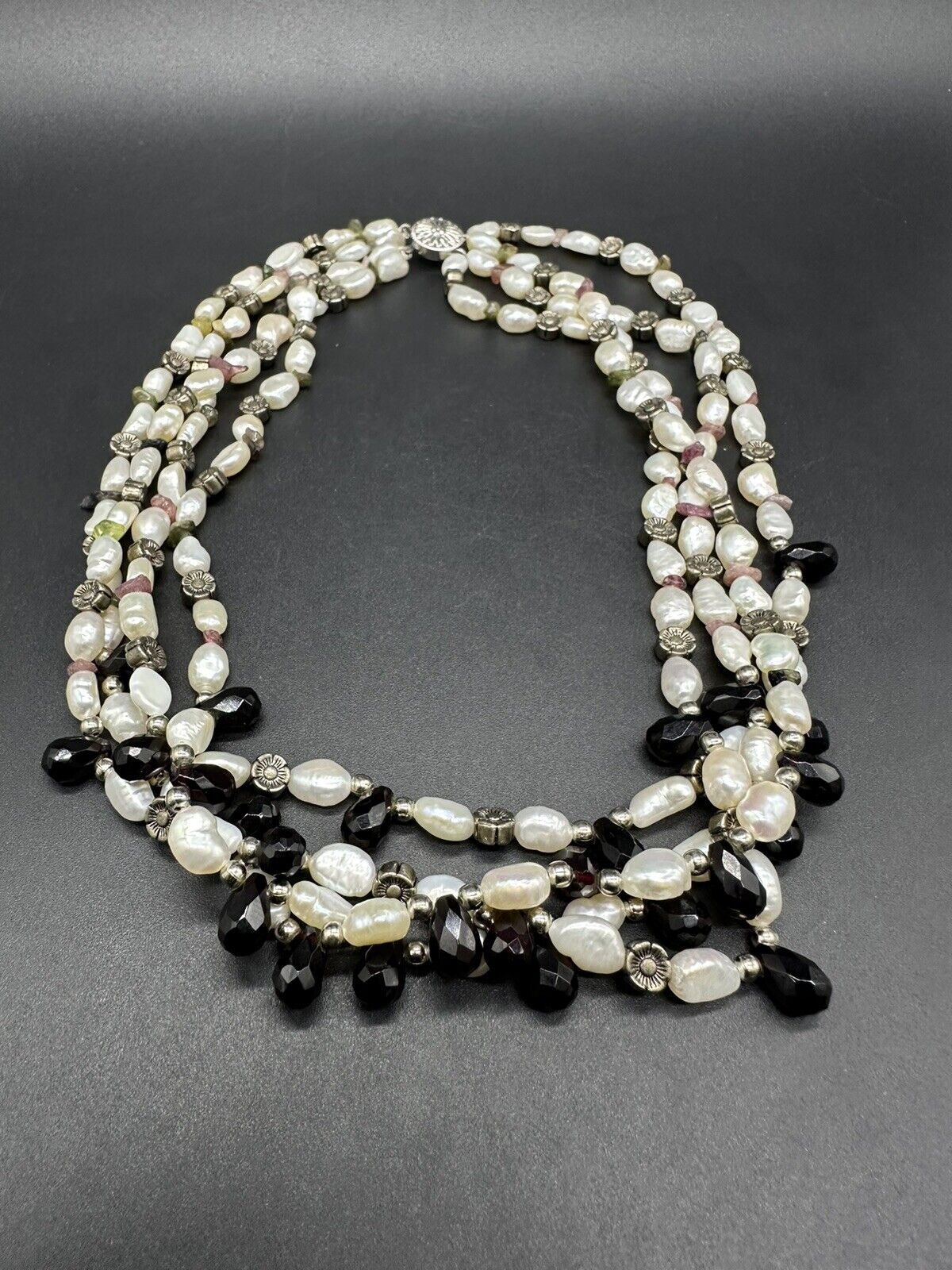 Vtge Freshwater Pearl & Black Faceted Glass Bead Multi-Strand Necklace with Gold Filled Accents