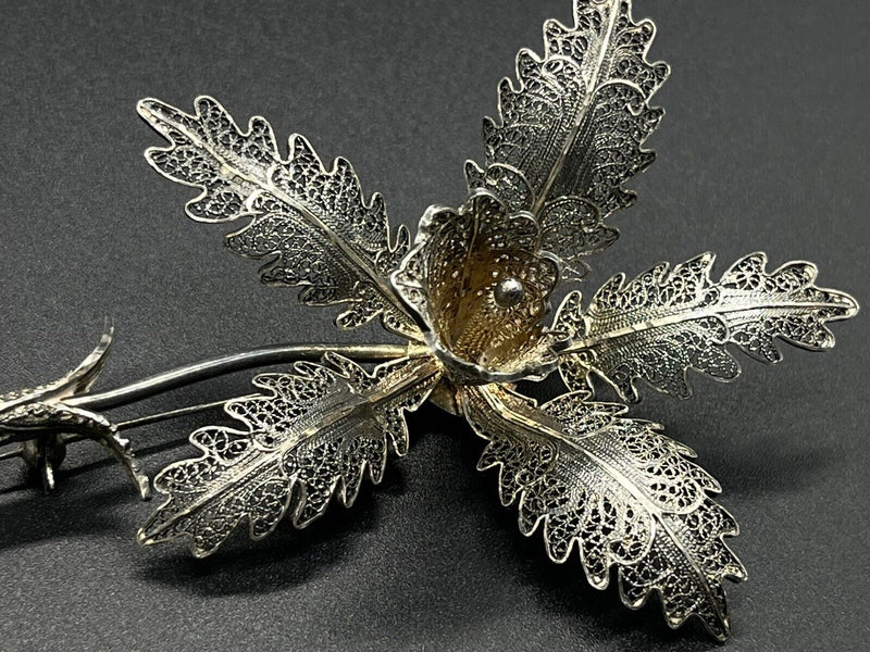 Vintage Large Sterling Silver Filigree Flower 3-D Brooch 3.5” 18.2 grams